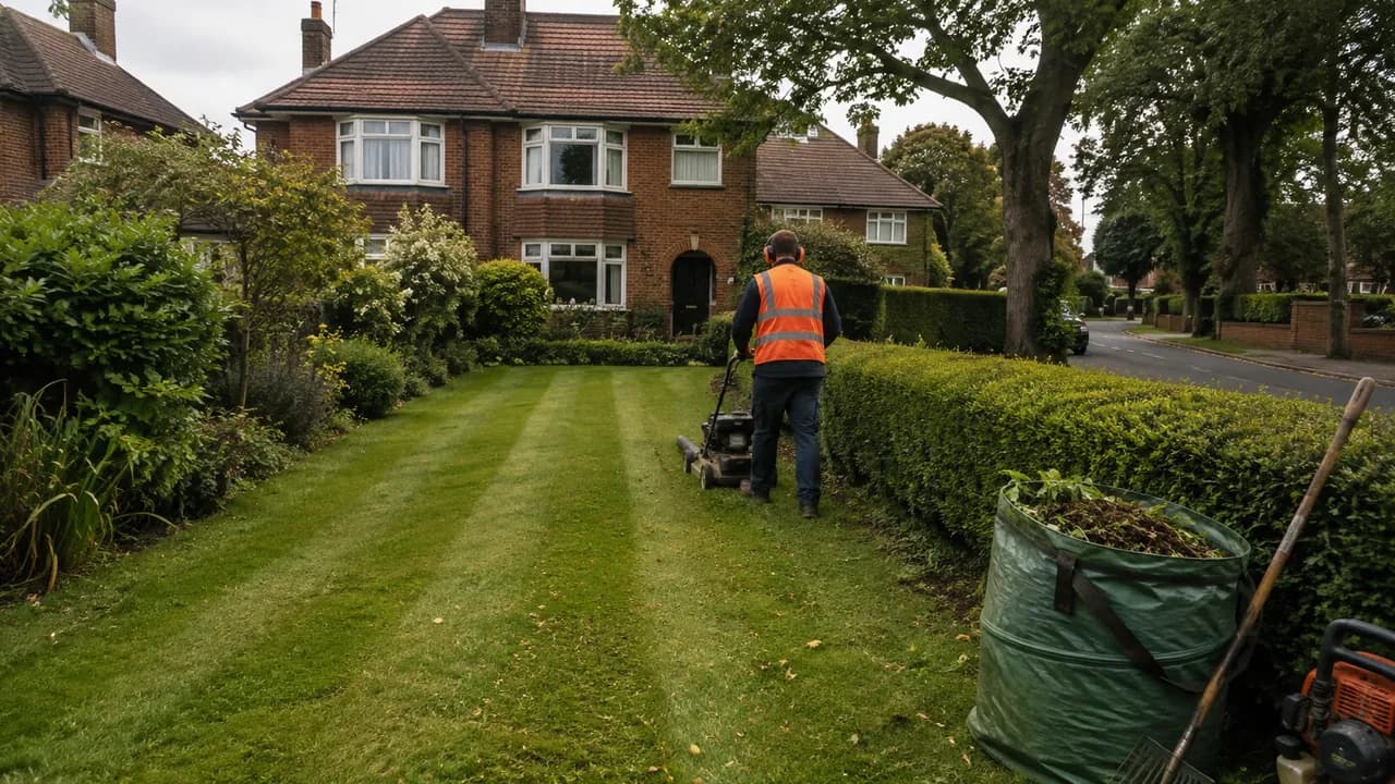 Garden maintenance in progress on a 1950s brick semi-detached house with a tiled roof on a tree-lined road in Upton-by-Chester