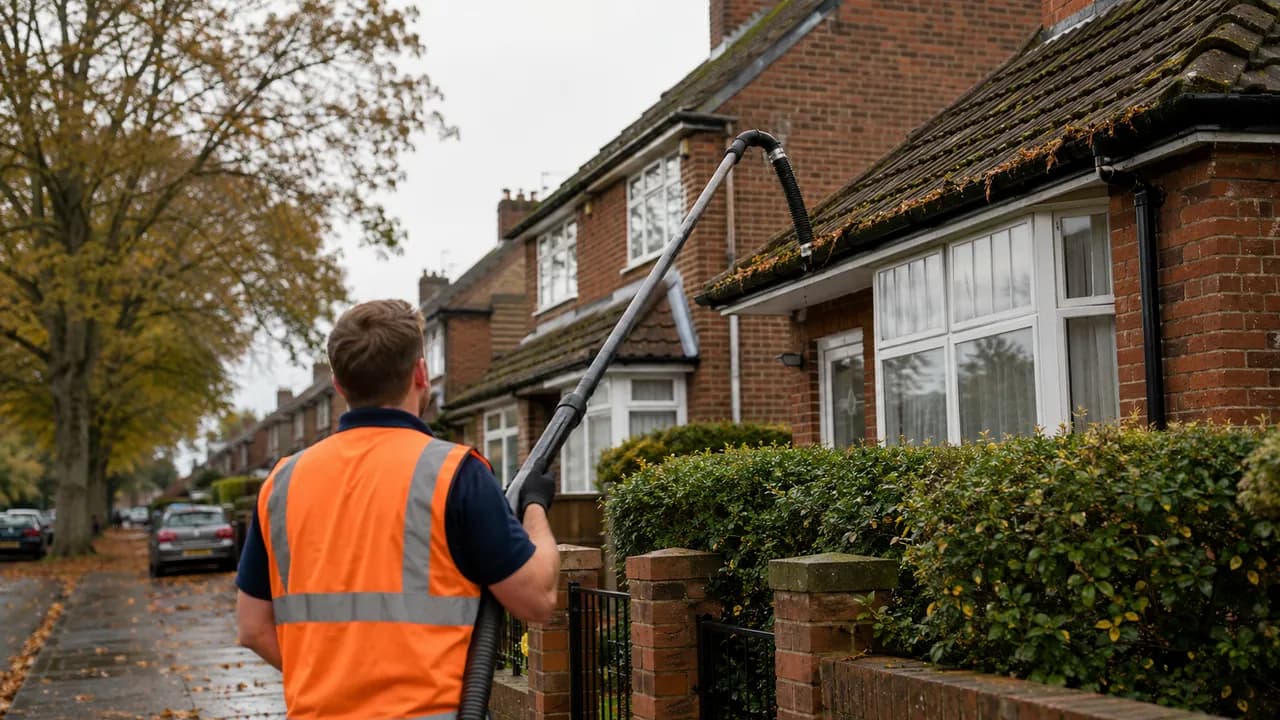 Gutter clearing in progress on a 1950s brick semi-detached house with a tiled roof on a tree-lined road in Upton-by-Chester