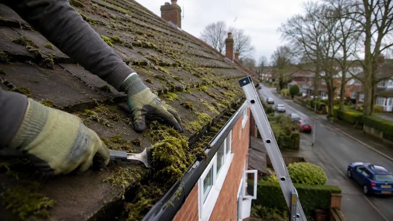 Roof moss removal in progress on a 1950s brick semi-detached house with a tiled roof on a tree-lined road in Upton-by-Chester
