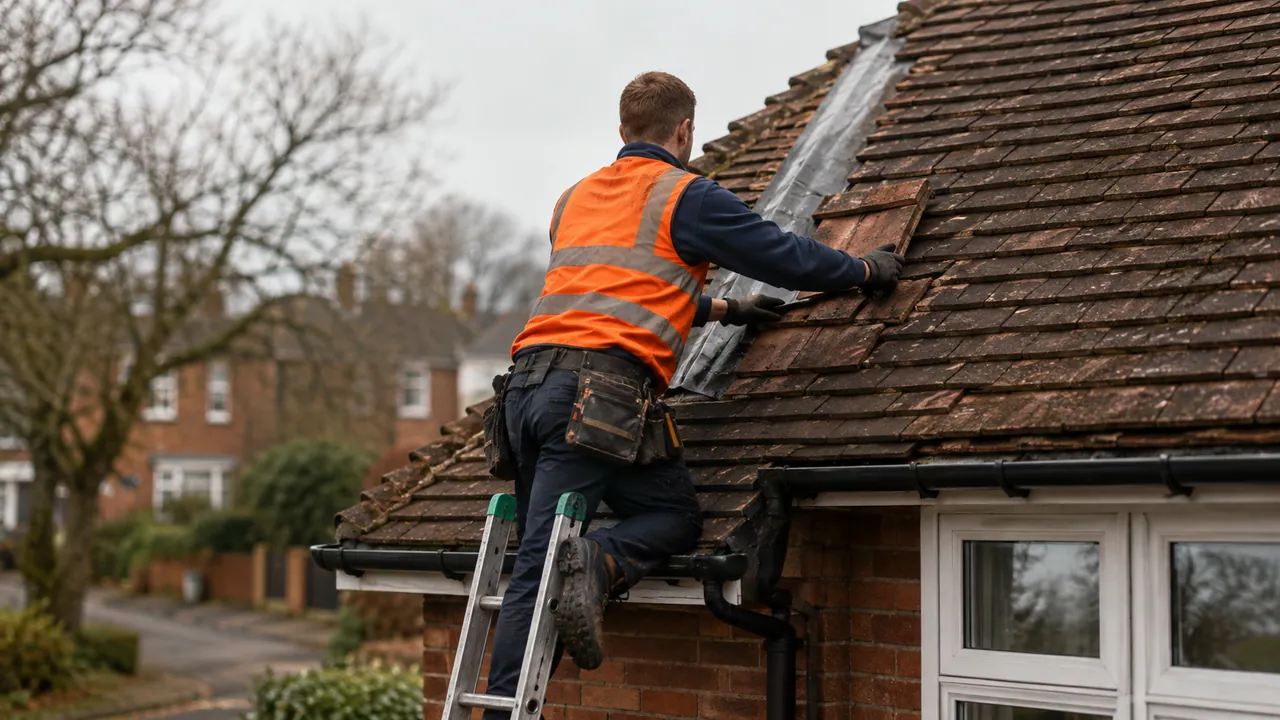Roof repair in progress on a 1950s brick semi-detached house with a tiled roof on a tree-lined road in Upton-by-Chester