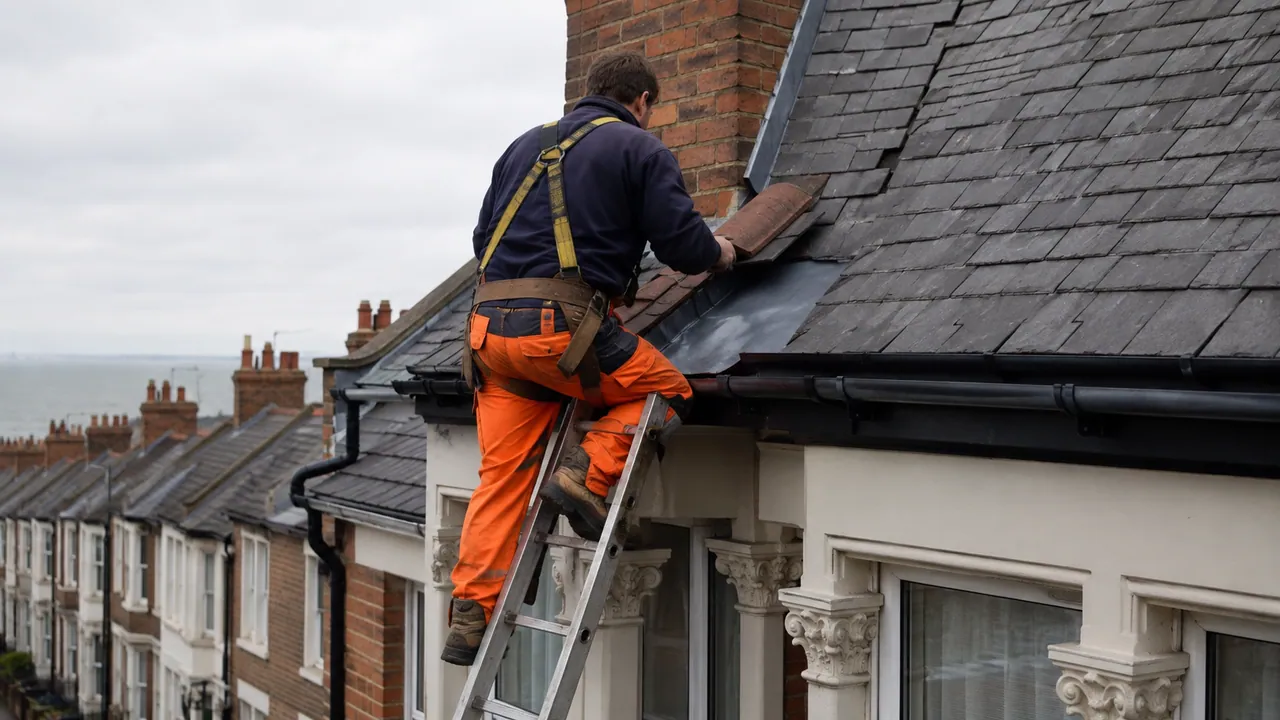 Roof repair in progress on a Victorian bay-fronted terrace with a slate roof on a Wallasey street, salty coastal sky, Wirral