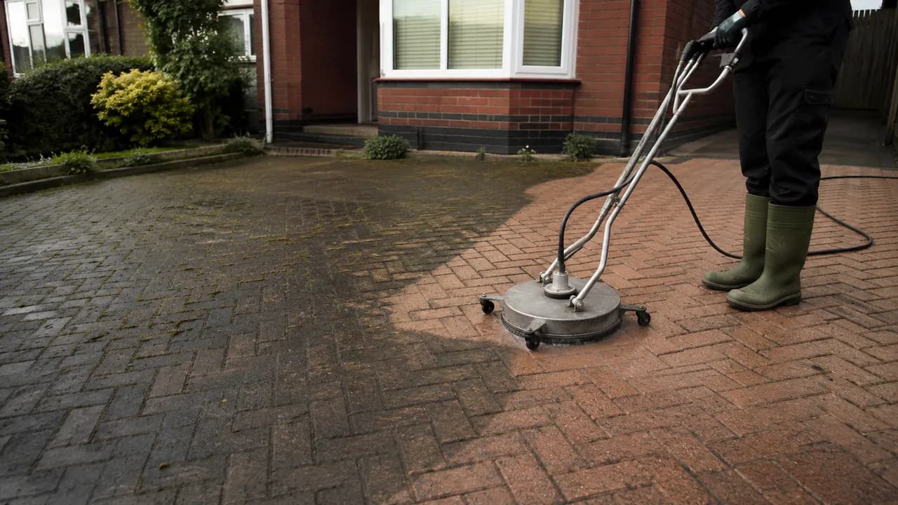 Driveway cleaning in progress on a 1930s brick semi with a bay window on a Stockton Heath street, Warrington, Cheshire