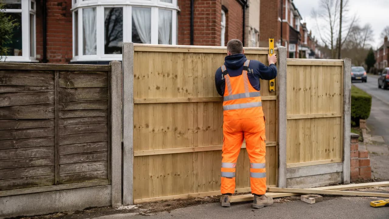 Fence panel replacement in progress on a 1930s brick semi with a bay window on a Stockton Heath street, Warrington, Cheshire