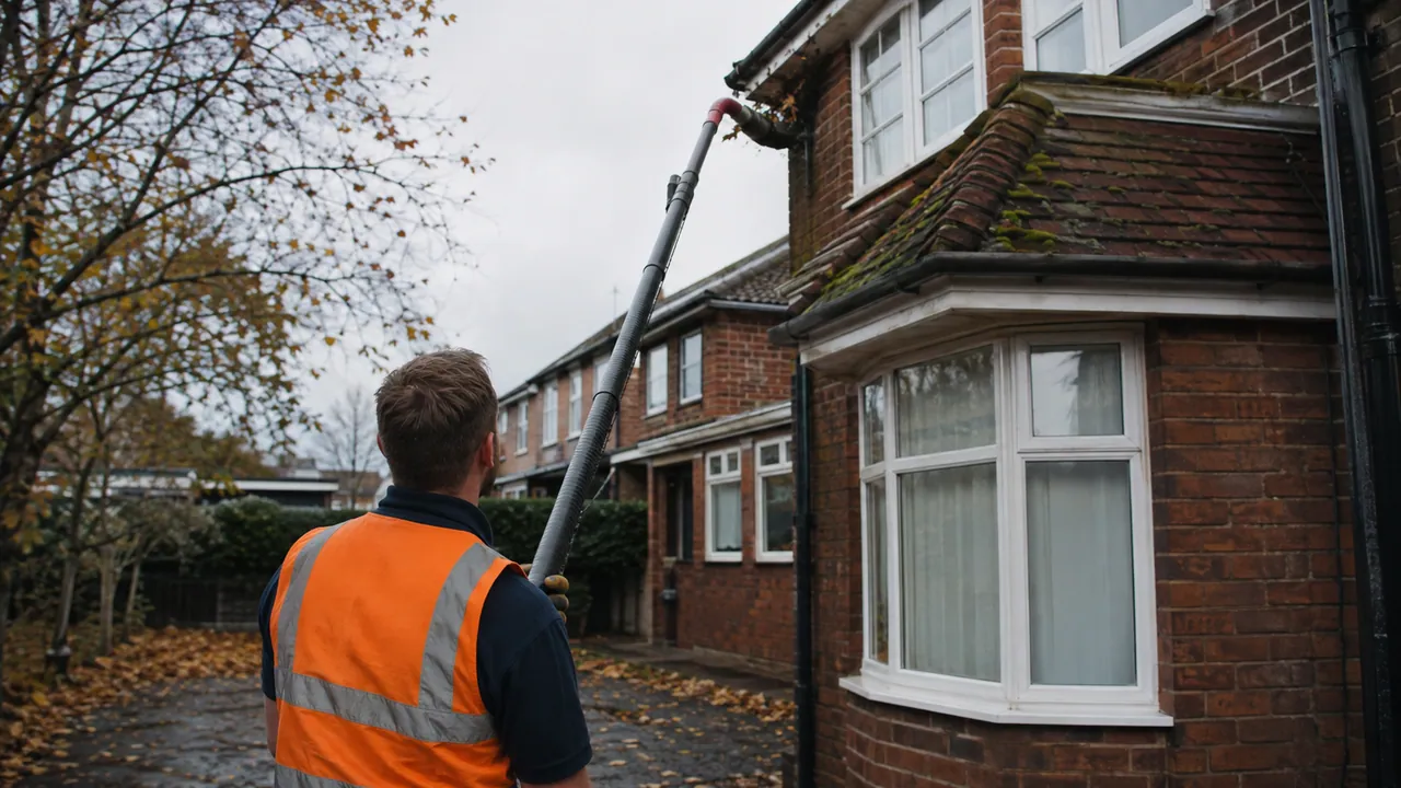 Gutter clearing in progress on a 1930s brick semi with a bay window on a Stockton Heath street, Warrington, Cheshire