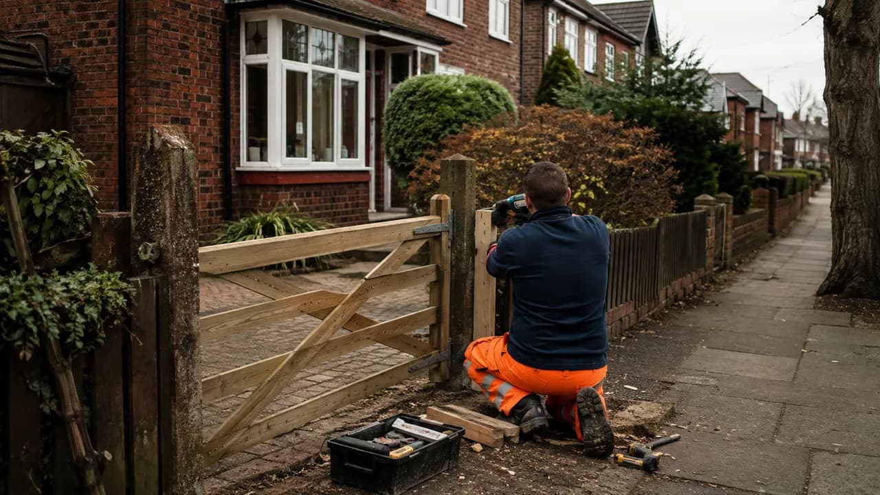 Handyman repair in progress on a 1930s brick semi with a bay window on a Stockton Heath street, Warrington, Cheshire