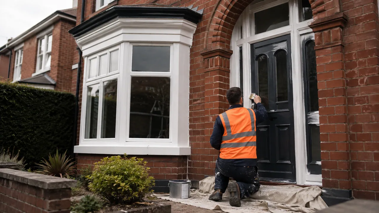 Exterior painting in progress on a 1930s brick semi with a bay window on a Stockton Heath street, Warrington, Cheshire