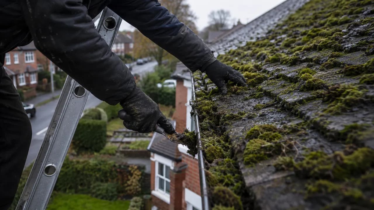 Roof moss removal in progress on a 1930s brick semi with a bay window on a Stockton Heath street, Warrington, Cheshire