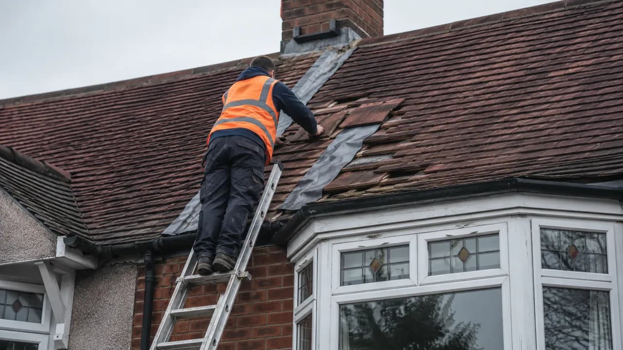 Roof repair in progress on a 1930s brick semi with a bay window on a Stockton Heath street, Warrington, Cheshire