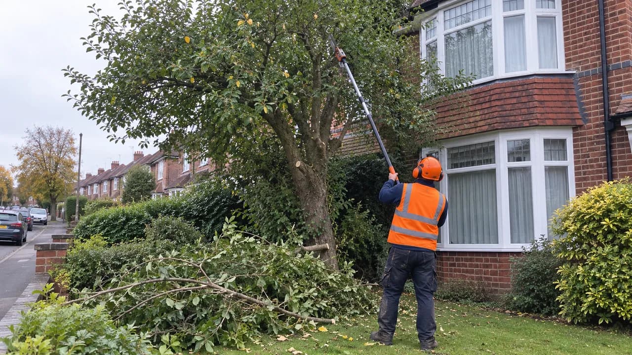 Tree reduction in progress on a 1930s brick semi with a bay window on a Stockton Heath street, Warrington, Cheshire