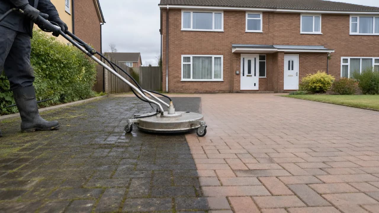 Driveway cleaning in progress on a 1960s brick semi on a flat, open estate in Whitby, Ellesmere Port, tiled roof