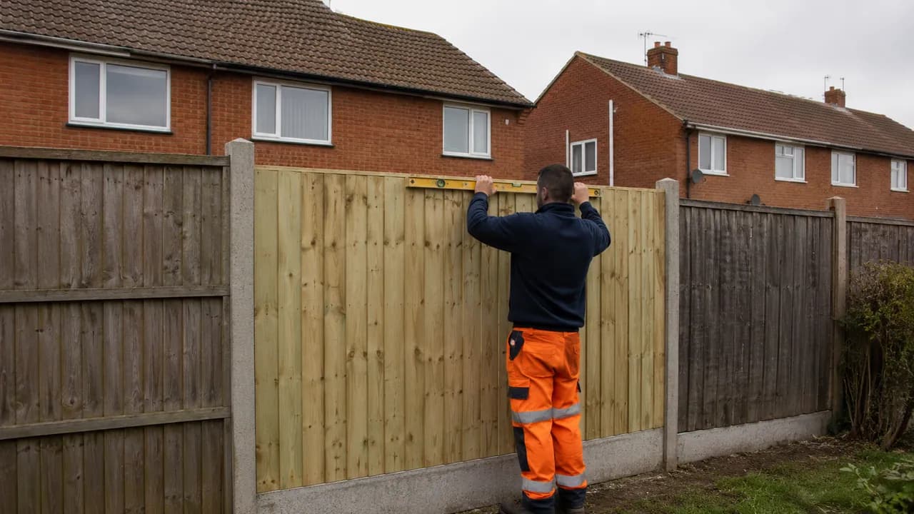 Fence panel replacement in progress on a 1960s brick semi on a flat, open estate in Whitby, Ellesmere Port, tiled roof