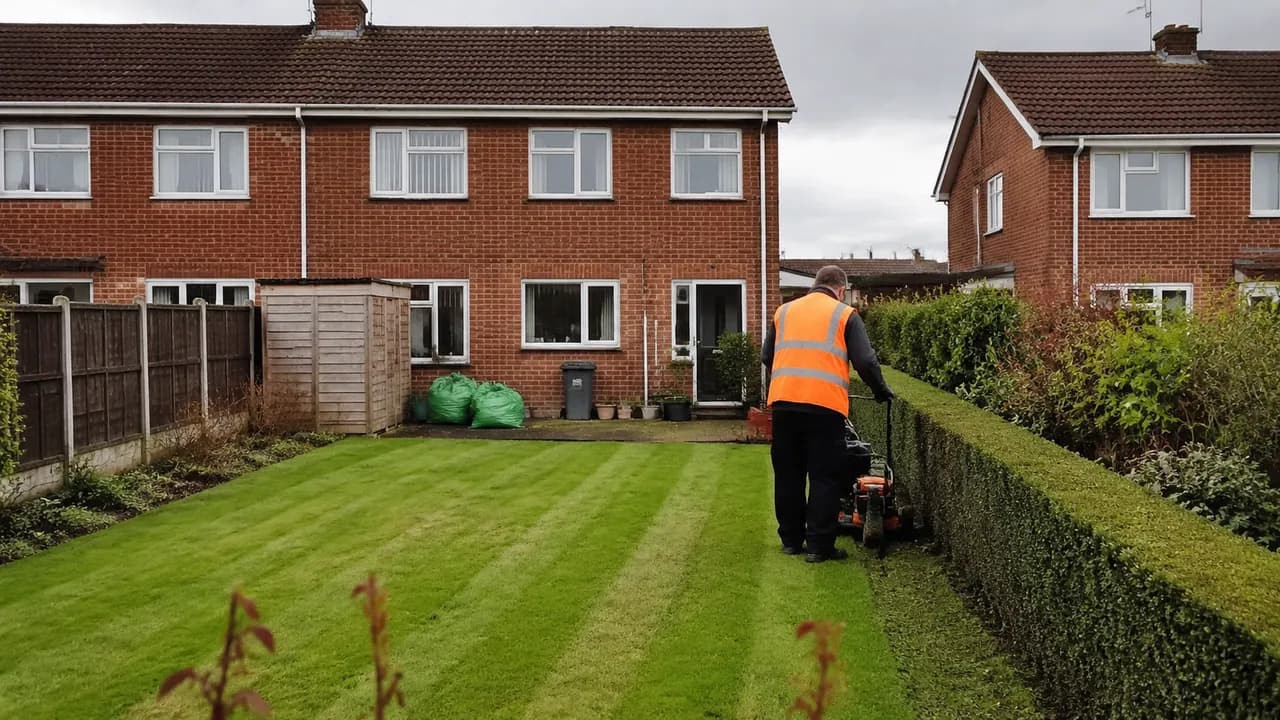 Garden maintenance in progress on a 1960s brick semi on a flat, open estate in Whitby, Ellesmere Port, tiled roof