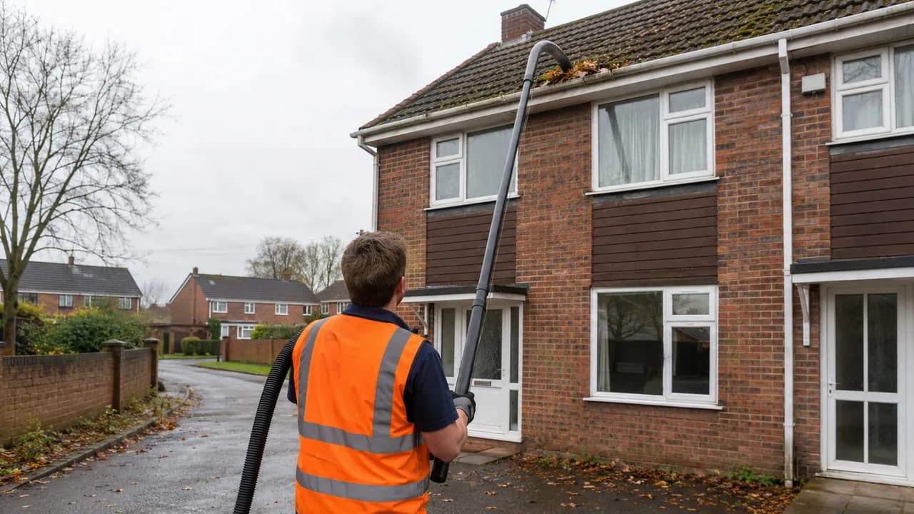 Gutter clearing in progress on a 1960s brick semi on a flat, open estate in Whitby, Ellesmere Port, tiled roof