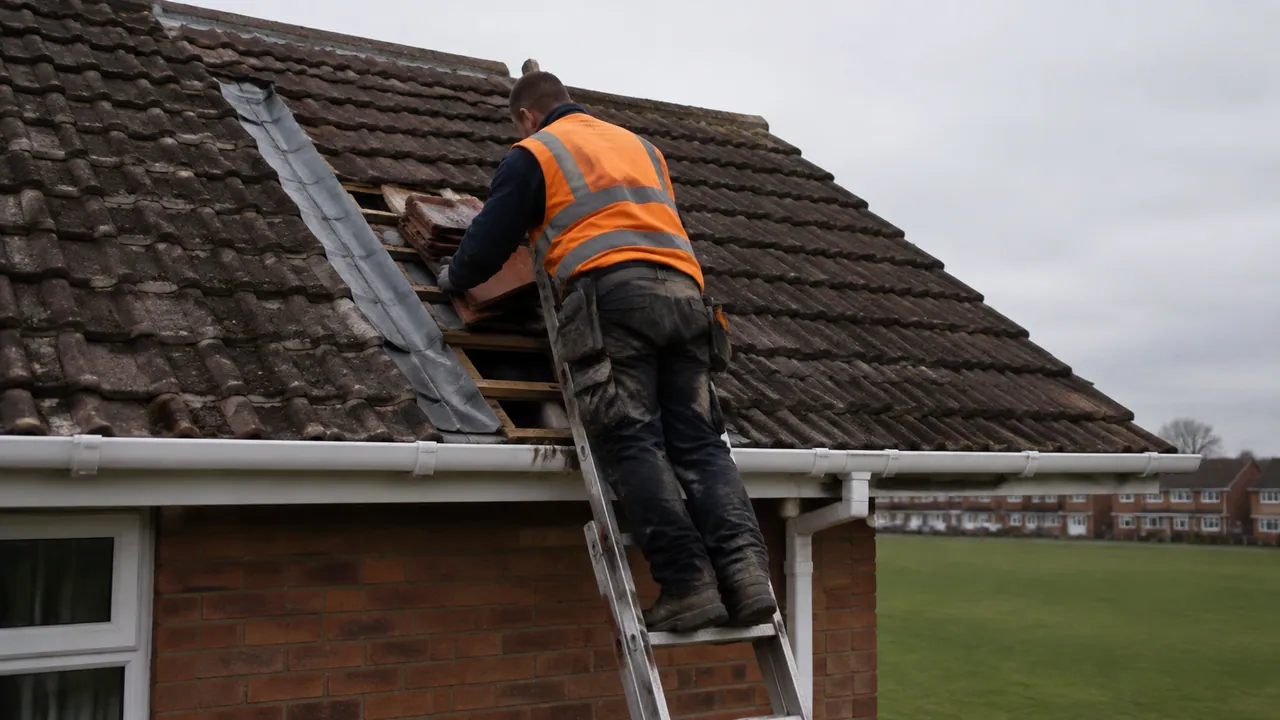 Roof repair in progress on a 1960s brick semi on a flat, open estate in Whitby, Ellesmere Port, tiled roof