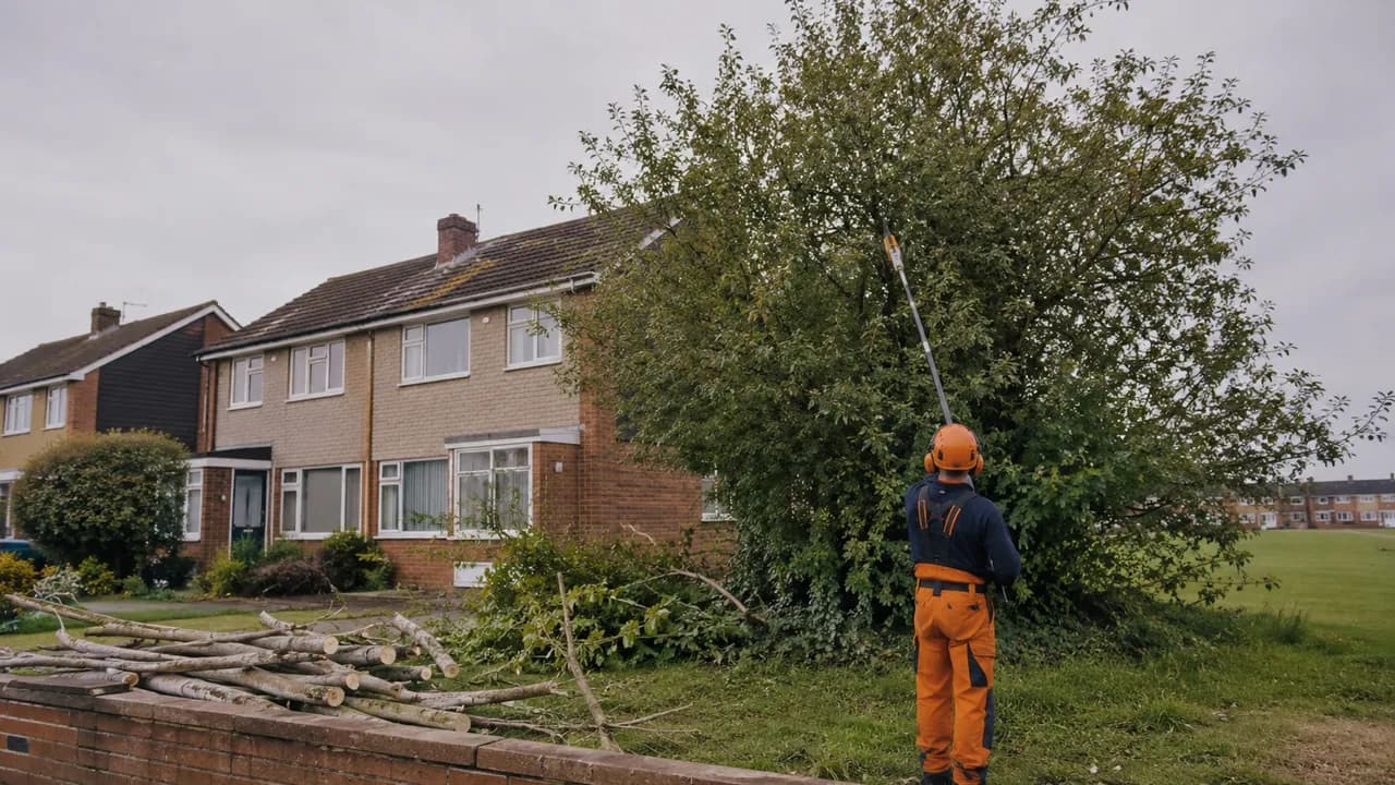 Tree reduction in progress on a 1960s brick semi on a flat, open estate in Whitby, Ellesmere Port, tiled roof