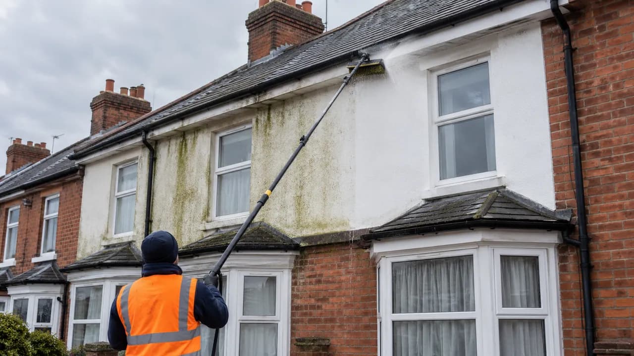 Exterior softwash cleaning in progress on a Victorian brick terrace with a slate roof on a Widnes street, Cheshire, overcast