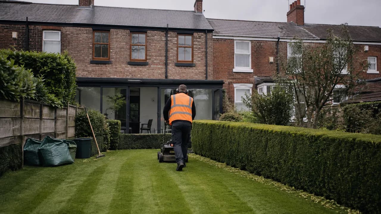 Garden maintenance in progress on a Victorian brick terrace with a slate roof on a Widnes street, Cheshire, overcast