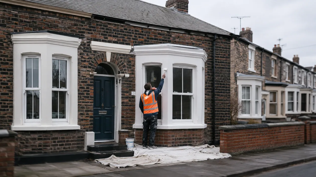 Exterior painting in progress on a Victorian brick terrace with a slate roof on a Widnes street, Cheshire, overcast