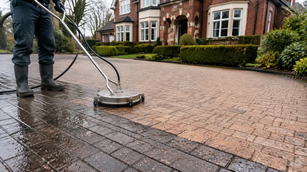 Driveway cleaning in progress on a large Edwardian detached villa on a leafy road in Wilmslow, Cheshire, mature trees