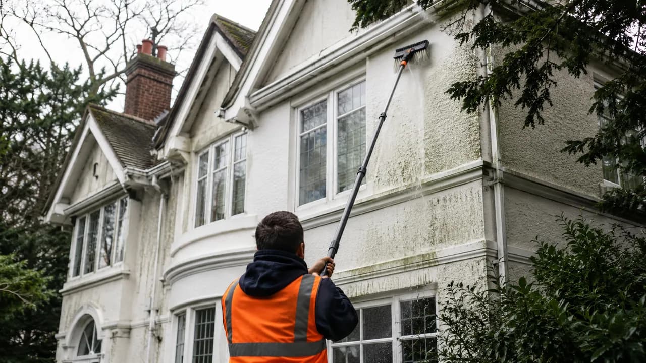 Exterior softwash cleaning in progress on a large Edwardian detached villa on a leafy road in Wilmslow, Cheshire, mature trees