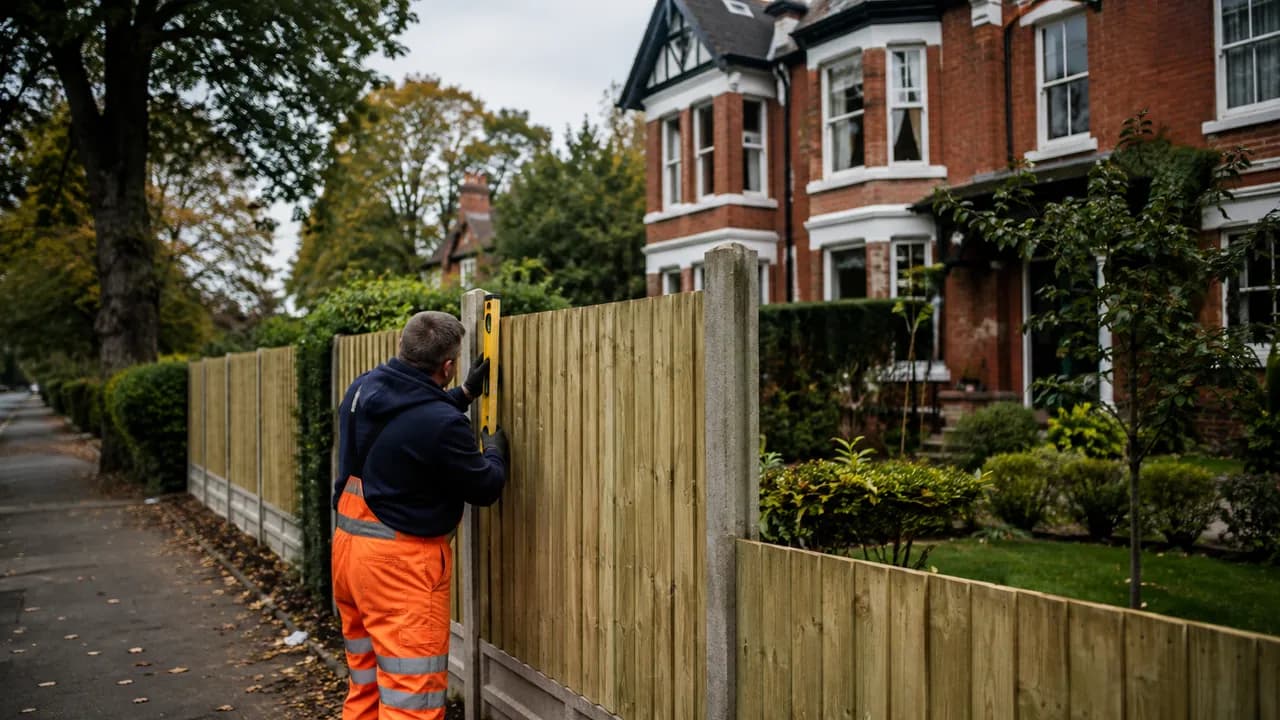 Fence panel replacement in progress on a large Edwardian detached villa on a leafy road in Wilmslow, Cheshire, mature trees
