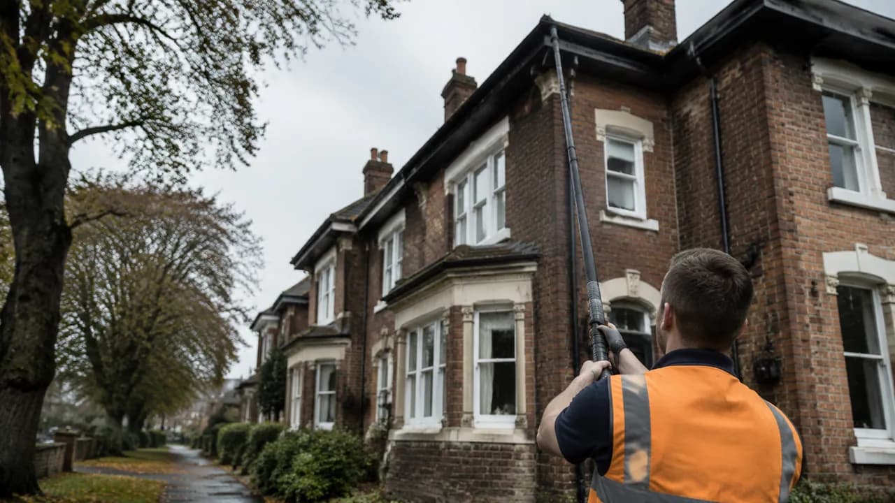 Gutter clearing in progress on a large Edwardian detached villa on a leafy road in Wilmslow, Cheshire, mature trees