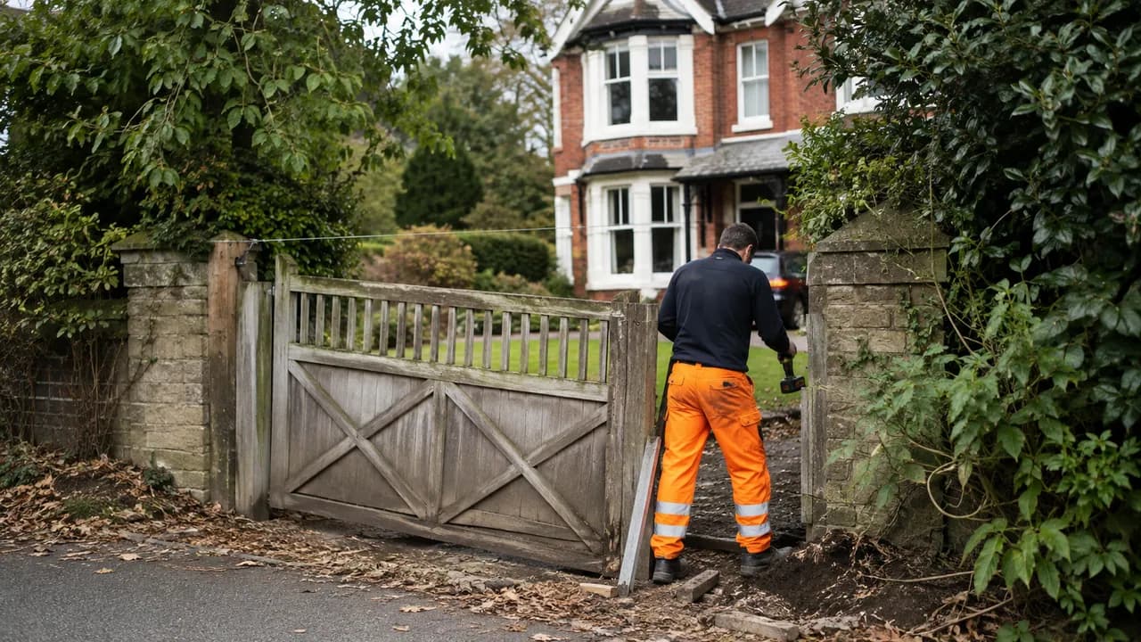 Handyman repair in progress on a large Edwardian detached villa on a leafy road in Wilmslow, Cheshire, mature trees