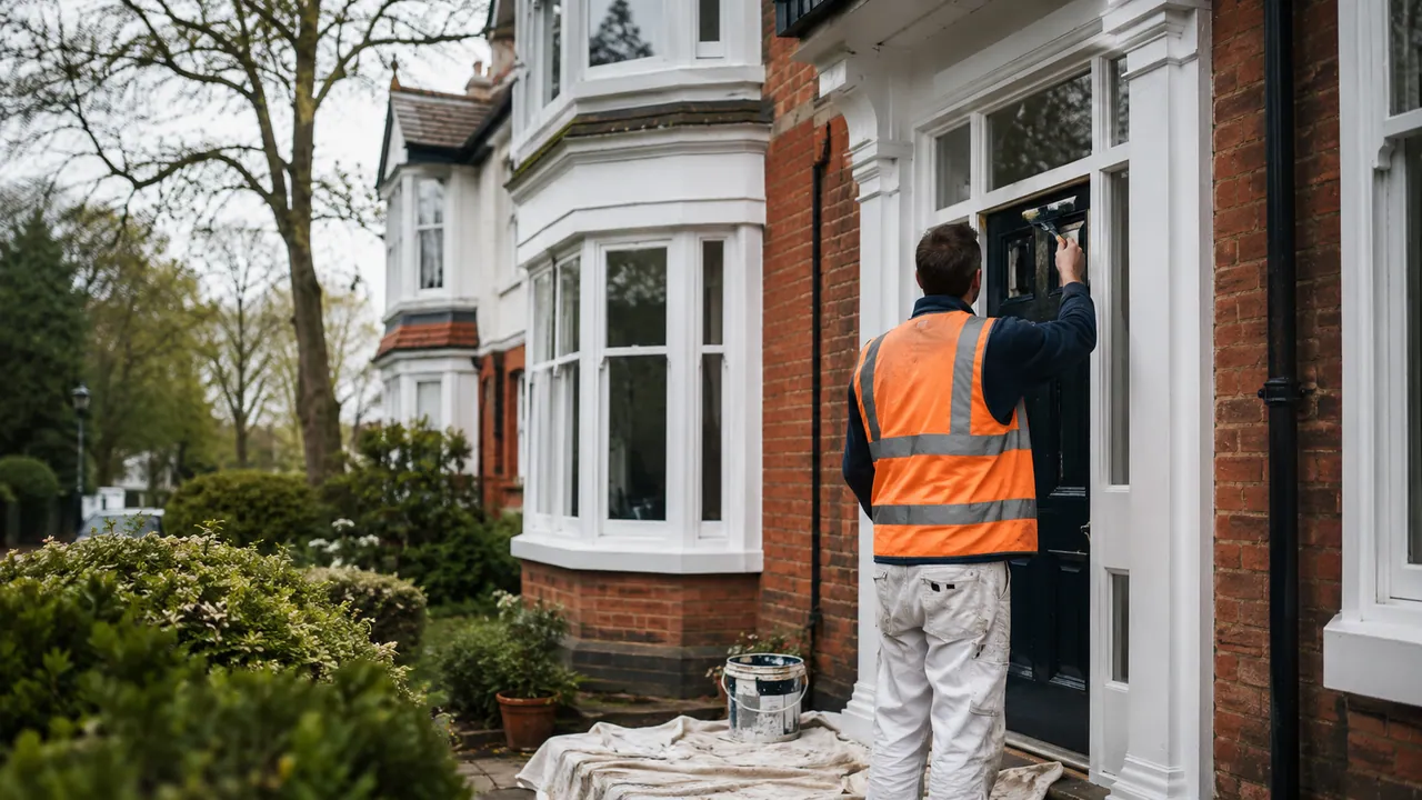 Exterior painting in progress on a large Edwardian detached villa on a leafy road in Wilmslow, Cheshire, mature trees