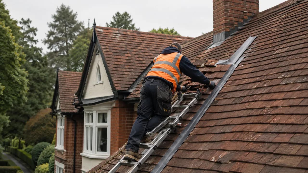 Roof repair in progress on a large Edwardian detached villa on a leafy road in Wilmslow, Cheshire, mature trees