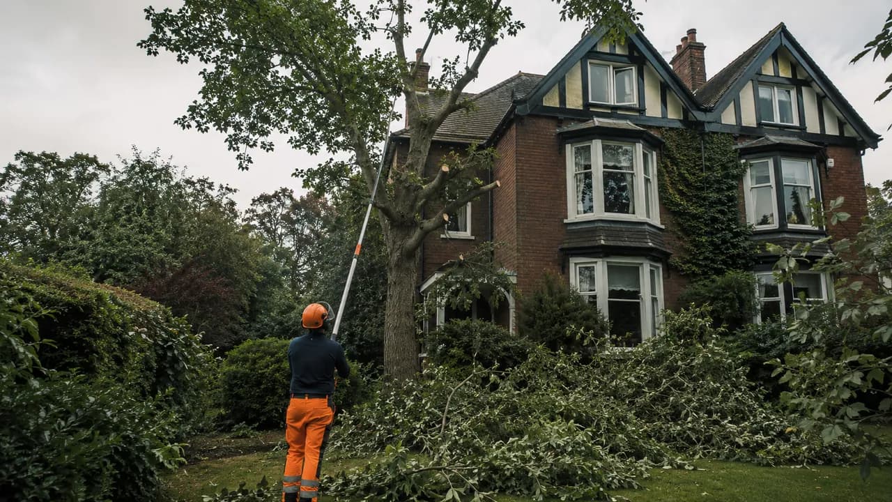 Tree reduction in progress on a large Edwardian detached villa on a leafy road in Wilmslow, Cheshire, mature trees
