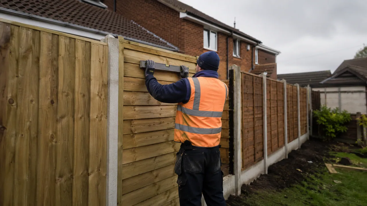 Fence panel replacement in progress on a 1970s brick semi on an estate in Winsford, Cheshire, tiled roof and open sky