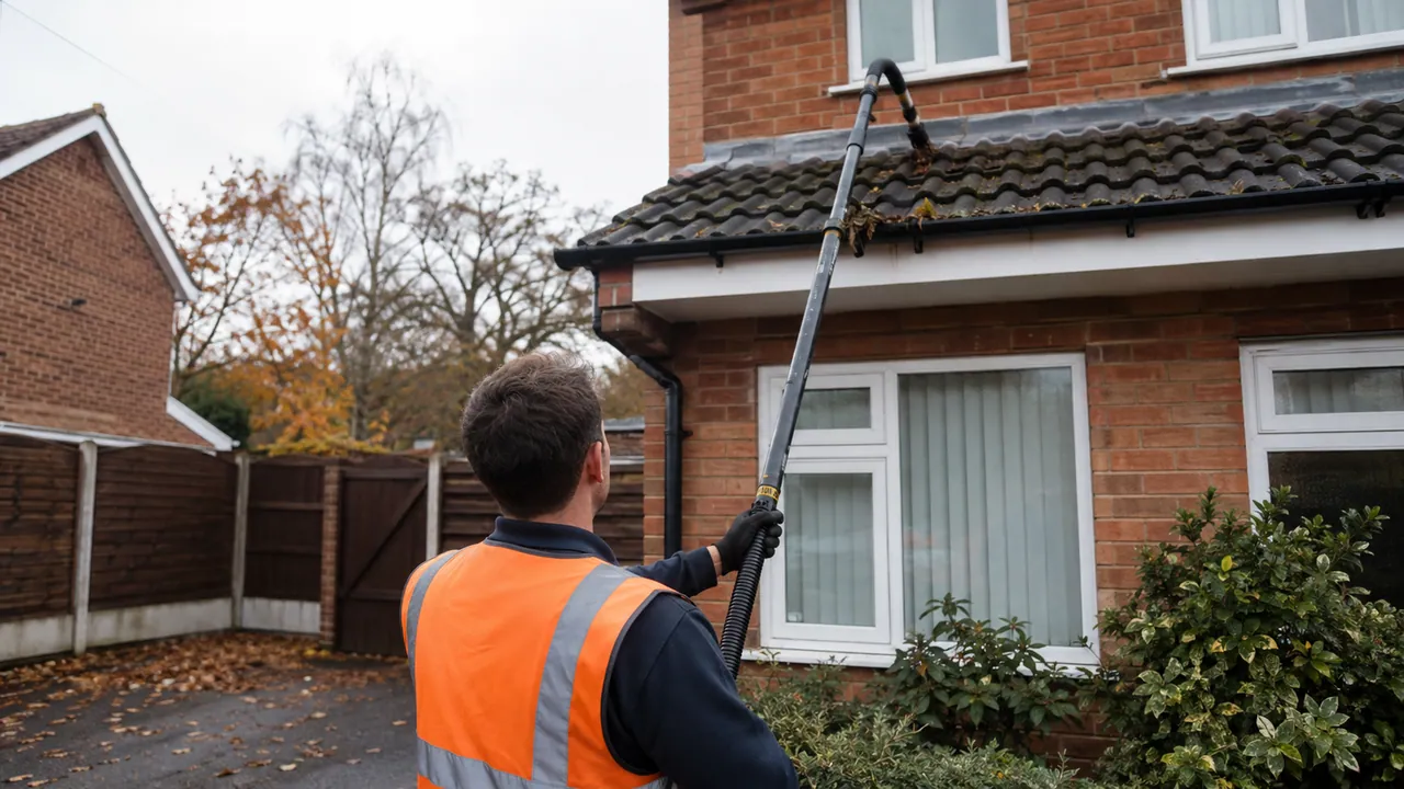 Gutter clearing in progress on a 1970s brick semi on an estate in Winsford, Cheshire, tiled roof and open sky