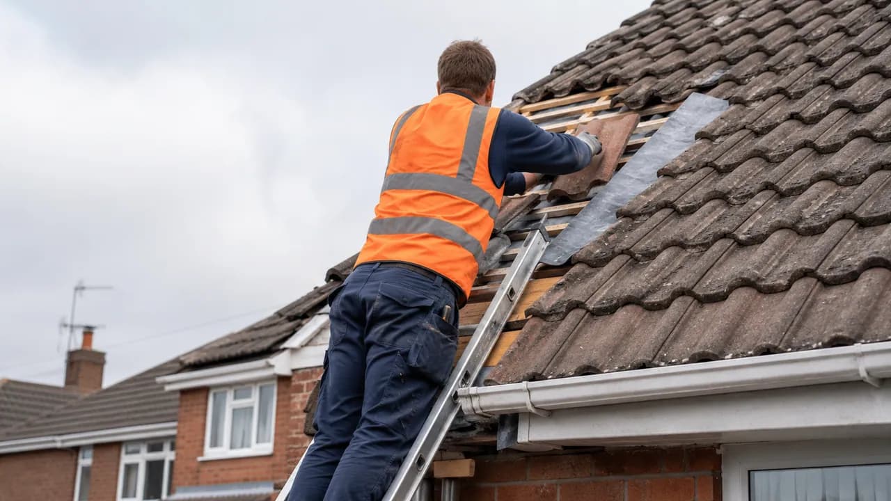 Roof repair in progress on a 1970s brick semi on an estate in Winsford, Cheshire, tiled roof and open sky