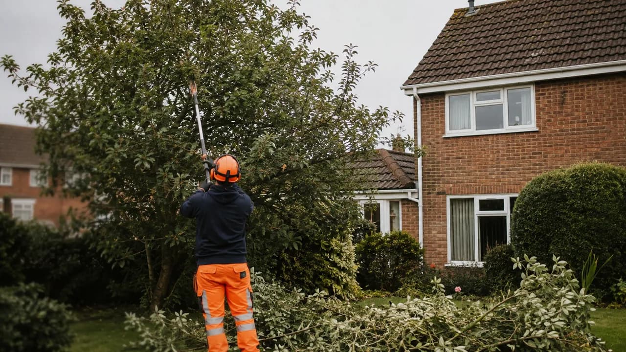 Tree reduction in progress on a 1970s brick semi on an estate in Winsford, Cheshire, tiled roof and open sky
