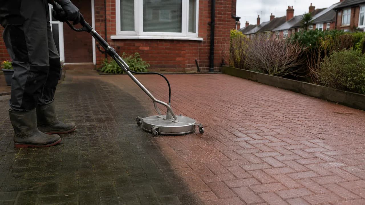 Driveway cleaning in progress on a 1930s red-brick semi-detached house with a bay window on a Wirral suburban street, coastal light