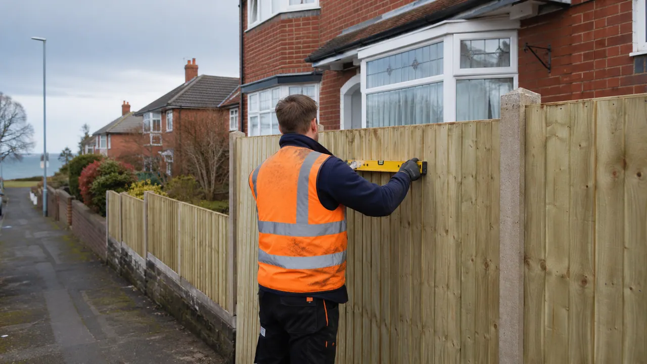 Fence panel replacement in progress on a 1930s red-brick semi-detached house with a bay window on a Wirral suburban street, coastal light