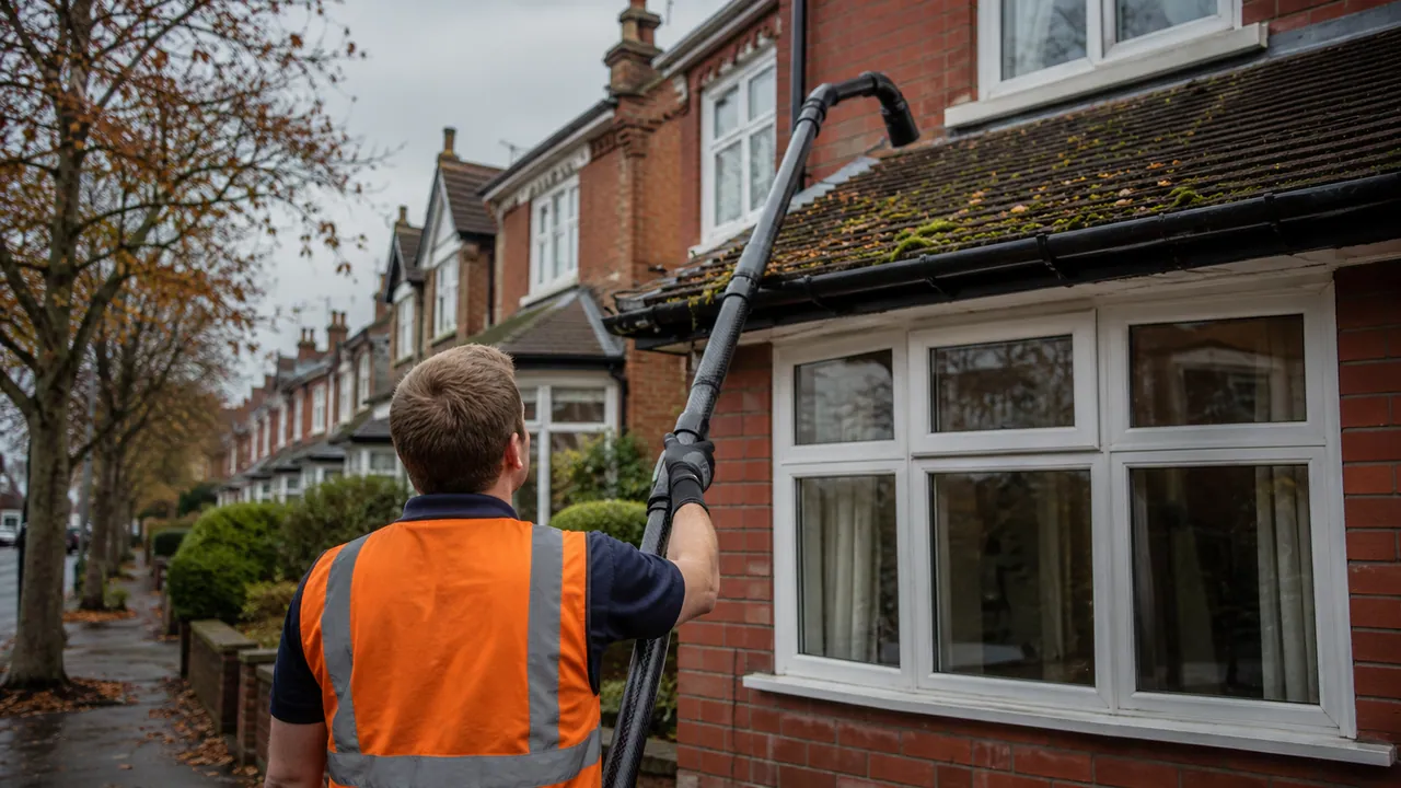 Gutter clearing in progress on a 1930s red-brick semi-detached house with a bay window on a Wirral suburban street, coastal light
