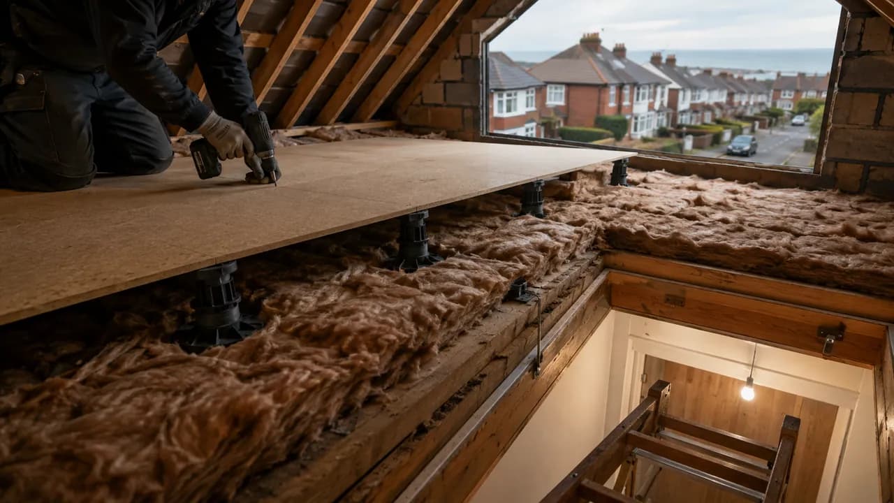 Loft boarding in progress on a 1930s red-brick semi-detached house with a bay window on a Wirral suburban street, coastal light
