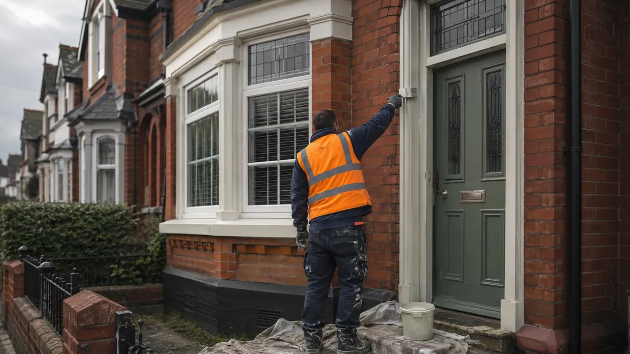 Exterior painting in progress on a 1930s red-brick semi-detached house with a bay window on a Wirral suburban street, coastal light