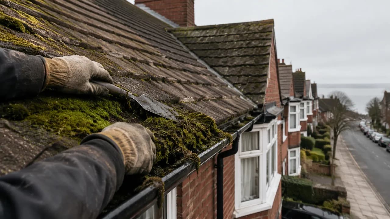 Roof moss removal in progress on a 1930s red-brick semi-detached house with a bay window on a Wirral suburban street, coastal light