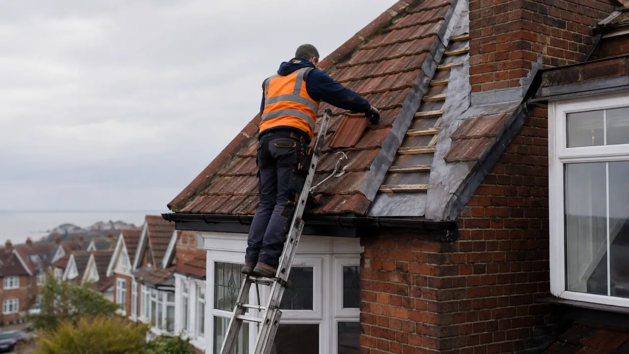 Roof repair in progress on a 1930s red-brick semi-detached house with a bay window on a Wirral suburban street, coastal light