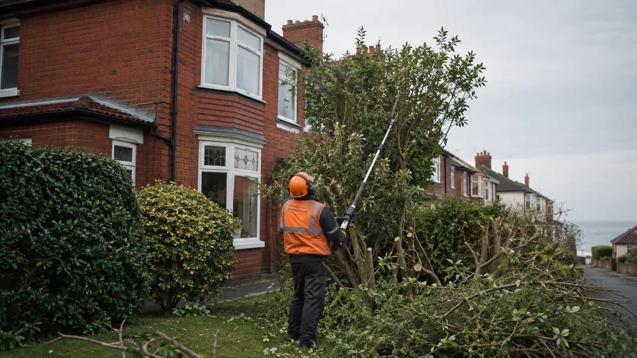 Tree reduction in progress on a 1930s red-brick semi-detached house with a bay window on a Wirral suburban street, coastal light