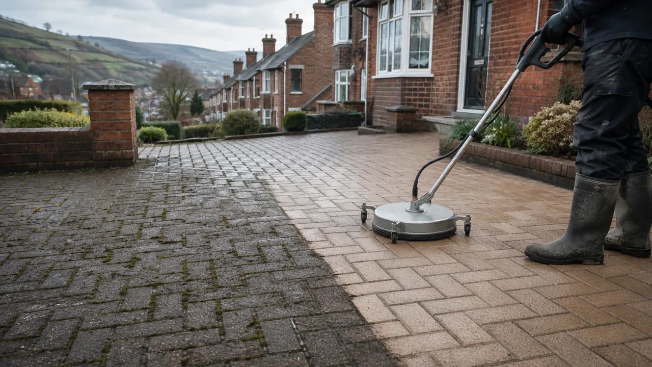 Driveway cleaning in progress on a Welsh brick terrace with a slate roof on a Wrexham street, North Wales, hills in the distance