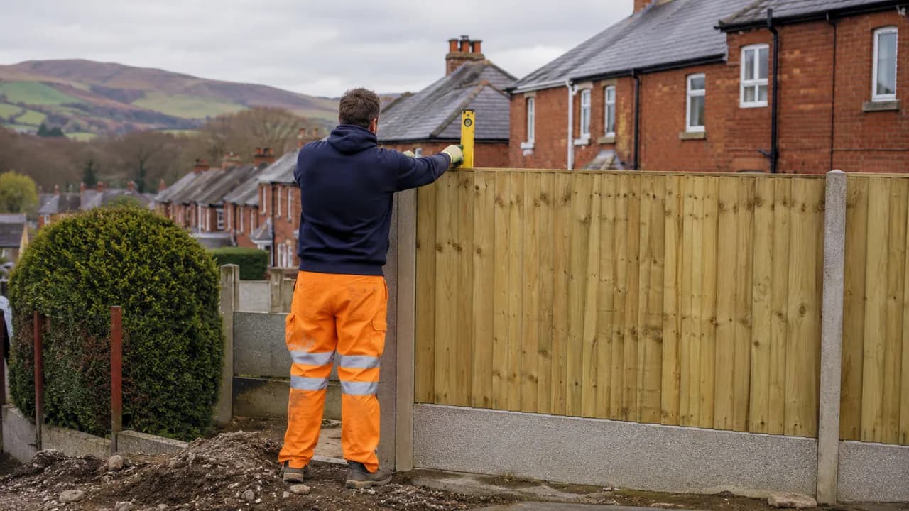 Fence panel replacement in progress on a Welsh brick terrace with a slate roof on a Wrexham street, North Wales, hills in the distance