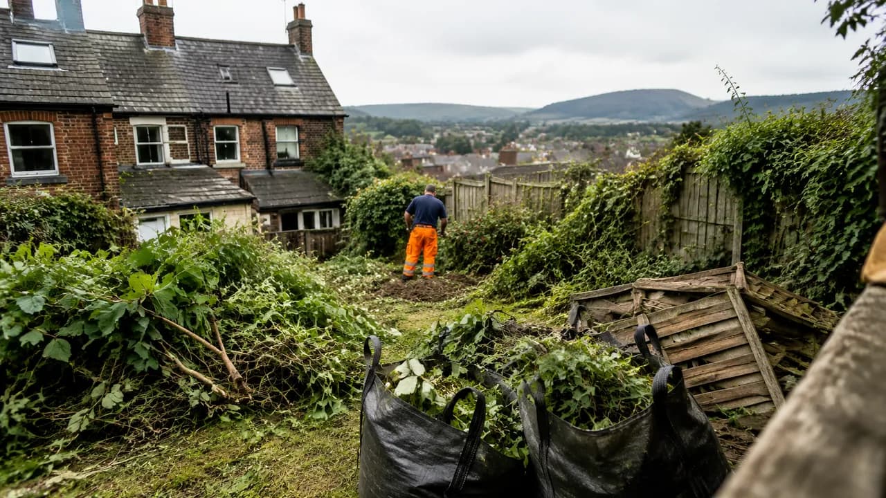 Garden clearance in progress on a Welsh brick terrace with a slate roof on a Wrexham street, North Wales, hills in the distance