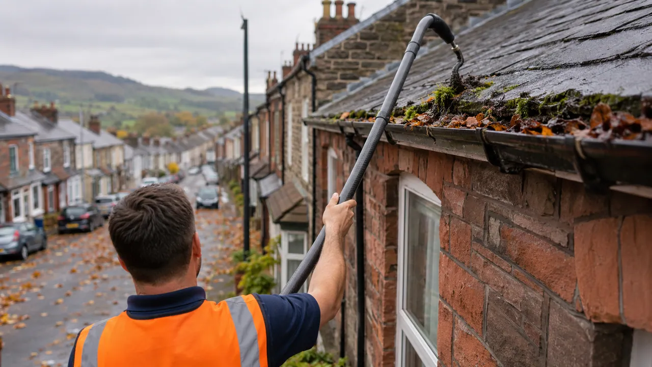 Gutter clearing in progress on a Welsh brick terrace with a slate roof on a Wrexham street, North Wales, hills in the distance