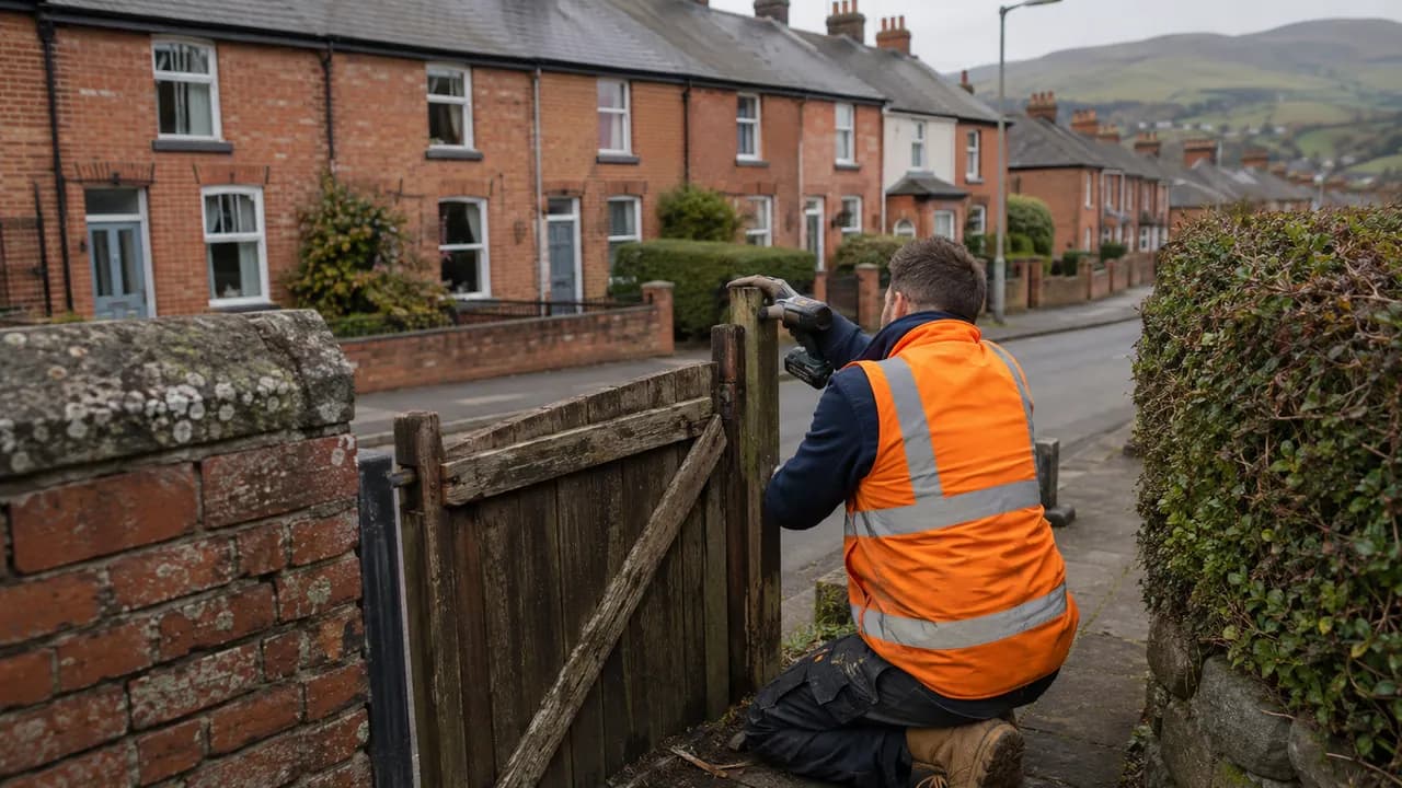 Handyman repair in progress on a Welsh brick terrace with a slate roof on a Wrexham street, North Wales, hills in the distance