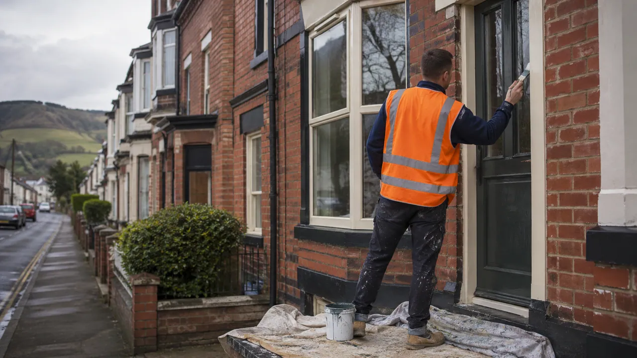 Exterior painting in progress on a Welsh brick terrace with a slate roof on a Wrexham street, North Wales, hills in the distance