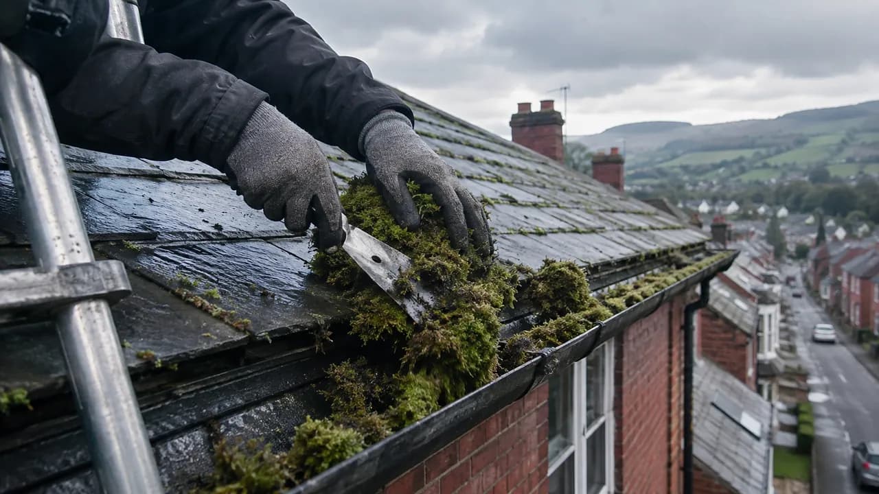 Roof moss removal in progress on a Welsh brick terrace with a slate roof on a Wrexham street, North Wales, hills in the distance