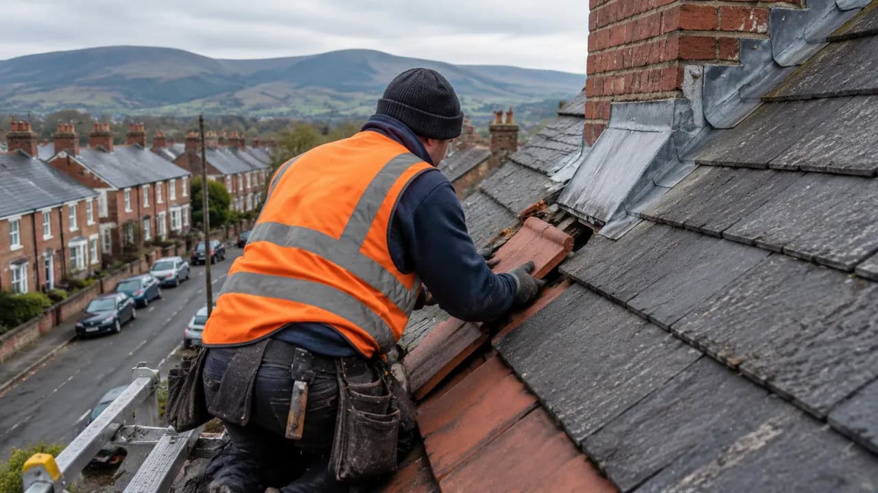 Roof repair in progress on a Welsh brick terrace with a slate roof on a Wrexham street, North Wales, hills in the distance